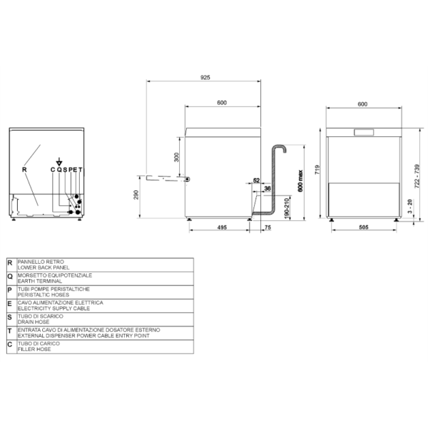 Product tekening van de Glazenspoelmachines, hierop zijn de maten zichtbaar